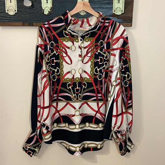Zara Equestrian Chains and Harness Print Blouse Size Large - Picture 10 of 15